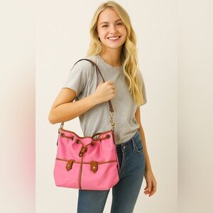 Dooney & Bourke Pink and Brown leather draw strap Shoulder Bag
